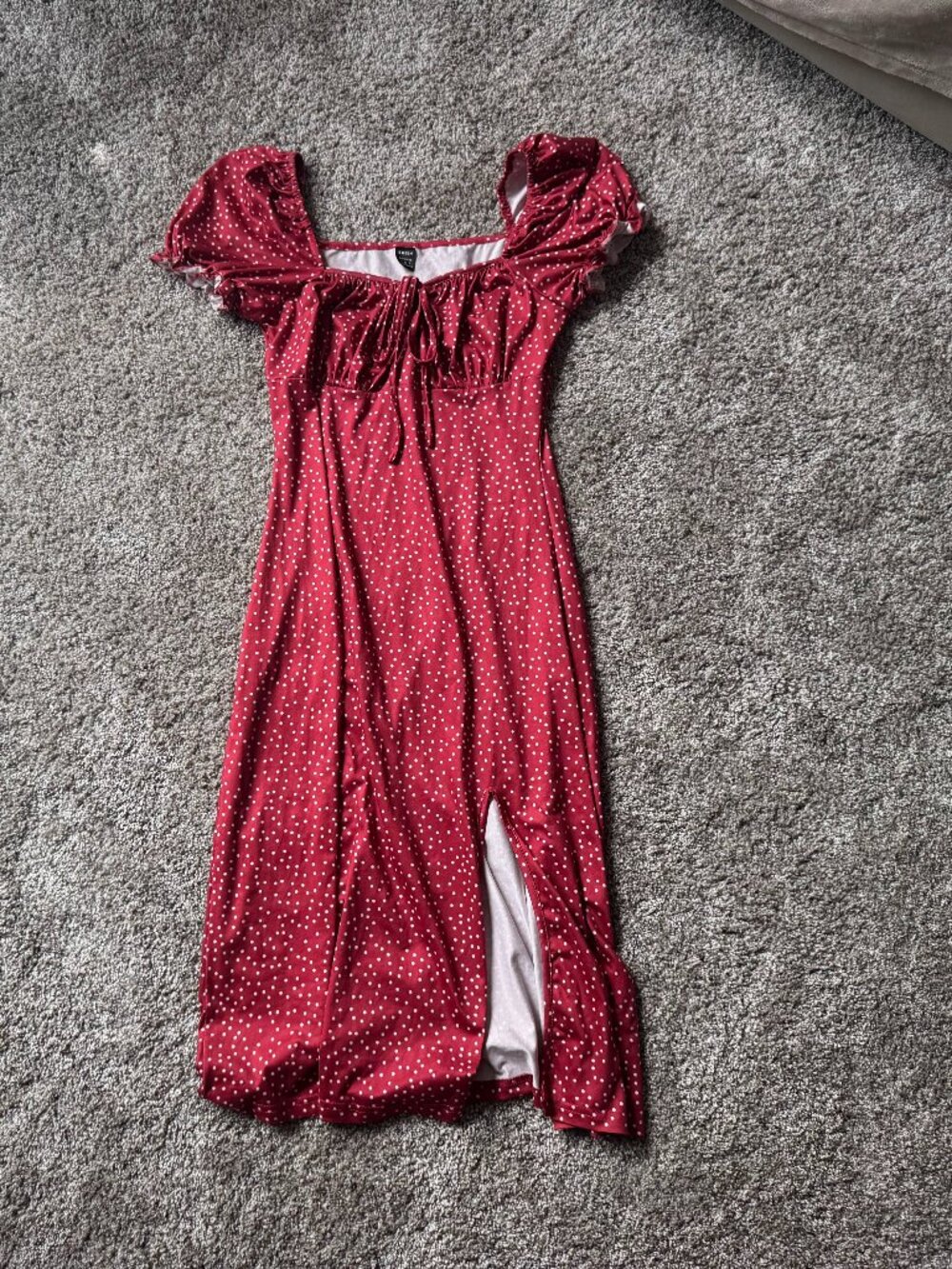 Shein red polka dot midi dress with tie front and puff sleeves size Small 4